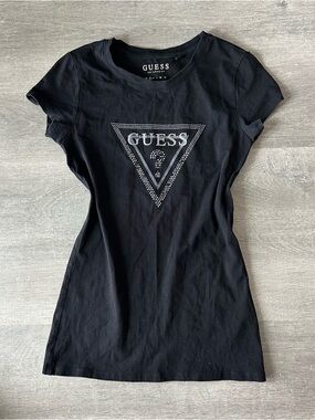GUESS Black Short-Sleeve Logo Tee with Studded Triangle